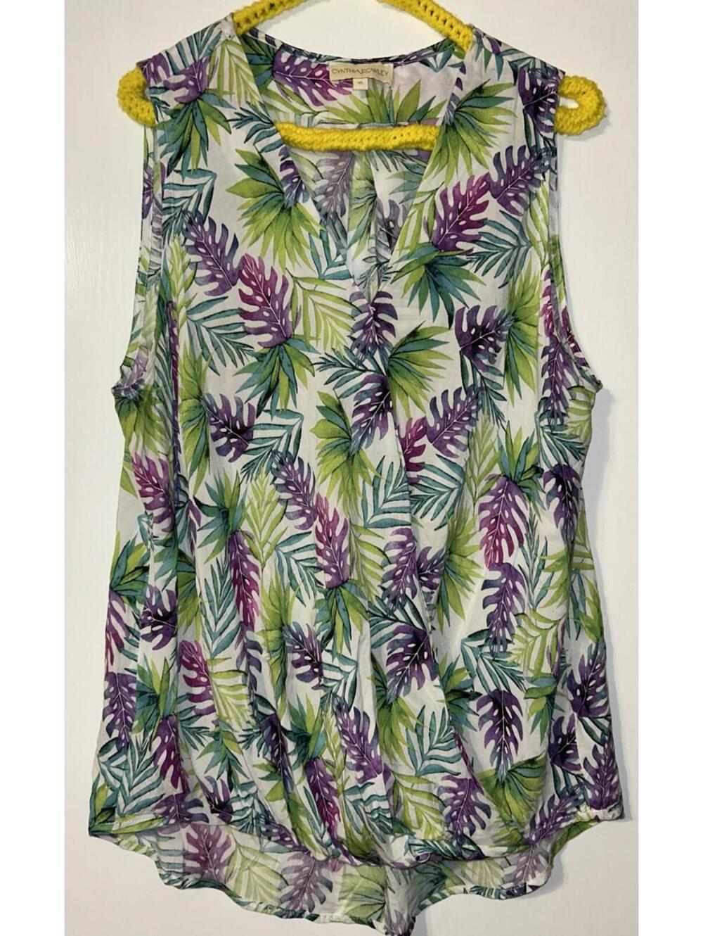 Cynthia Rowley Purple Green Palm Print Womens XL Beachy Vacation Summer